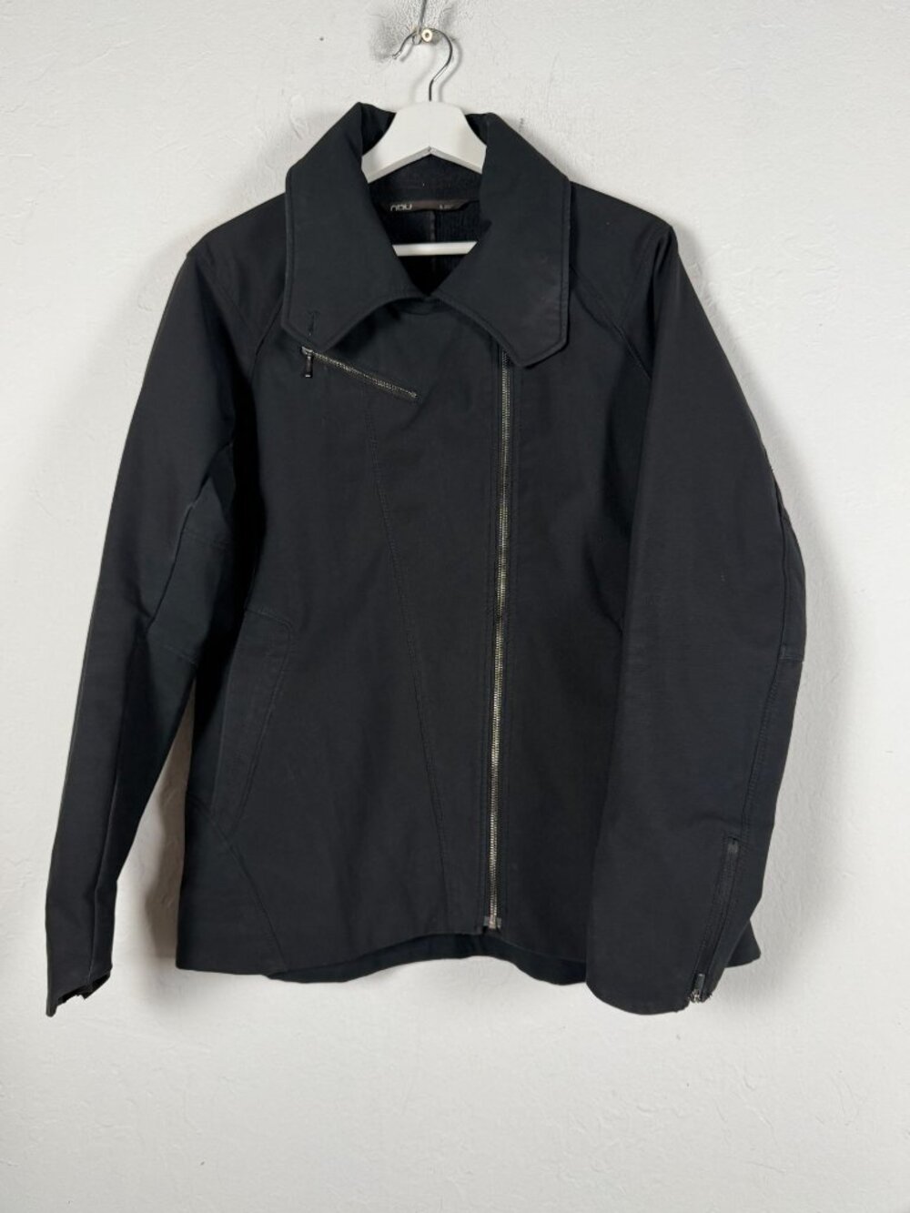 Nau Women's Large Black Asymmetric Zip Moto Jacket Fleece Lined Eco Circle
